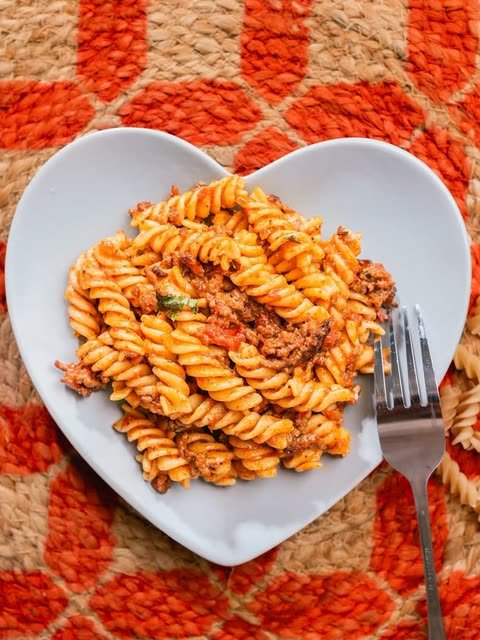 A plate of Aladey Fusilli with a meat sauce